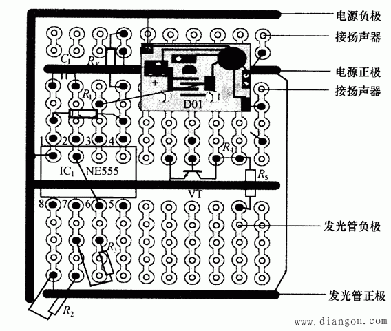 图4、金鸡报晓元件布局 部件制作 (1)金鸡造型是用CD盘加T而成,先在光盘上用记号笔画好图形,然后用电烙铁沿线条边缘,缓慢移动烫开,去掉CD盘多余部分,用挫刀将边缘挫平,如图 5所示。 (2)选用梅子盒做底座,用一支签字笔笔杆,距笔头5cm左右将其截断。在金鸡腿部用单股细导线将签字笔笔杆与金鸡固定好,并插在盒子顶部。发光二极管装在鸡的眼睛部位,将两根发光管引线从笔杆内穿过与控制板连接。光敏电阻可装在鸡身上,用导线与控制板相连。