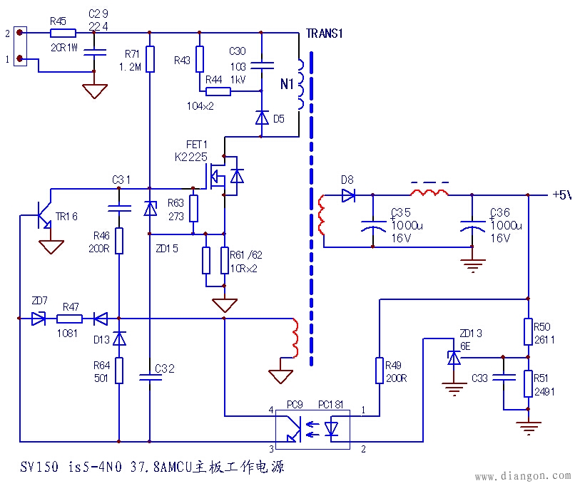 图二 is5型18.5kW开关电源(之一)原理图 该电路草图由变频器培训班第三期学员徐军所画,咸庆信整理。测绘当中,发现R64电阻值变大,拆下测量,实际电阻达1M以上,证实其已经断路。代换后,开关电源的工作恢复正常。