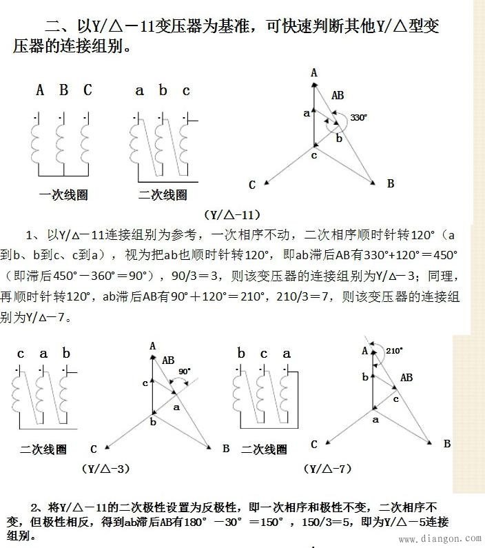同名端与异名端 变压器的同一相高、低压绕组都是绕在同一铁芯柱上,并被同一主磁通链绕,当主磁通交变时,在高、低压绕组中感应的电势之间存在一定的极性关系。 在任一瞬间,高压绕组的某一端的电位为正时,低压绕组也有一端的电位为正,这两个绕组间同极性的一端称为同名端,记作,反之则为异名端,记作-。 步骤一 根据三相变压器绕组联结方式(Y或y、D或d)画出高、低压绕组接线图(绕组按A、B、C相序自左向右排列); 步骤二 在接线图上标出相电势和线电势的假定正方向 步骤三 画出高压绕组电势相量图,根据单相变压器判